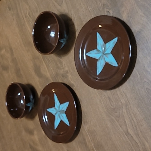 Hi End Accents plates/bowl set brown turquoise star - Picture 7 of 16